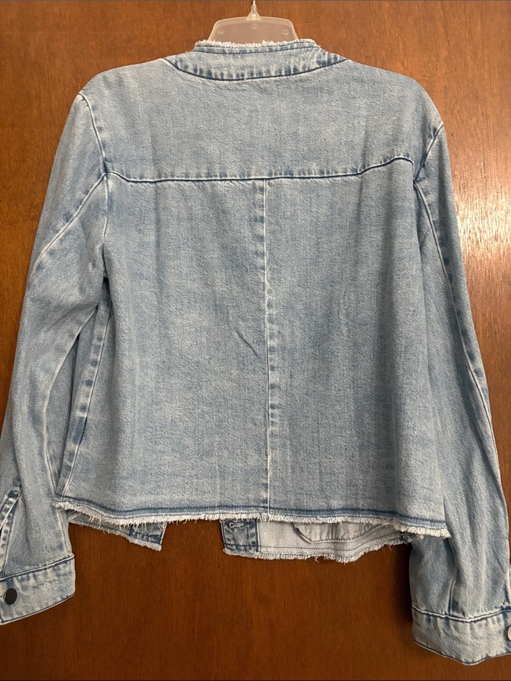 Kut from the Kloth Light Blue Collarless Denim Jacket with Frayed Trim